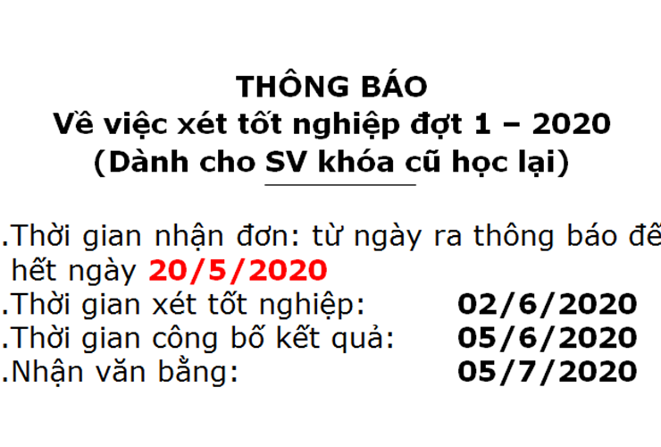 Thông báo về việc xét tốt nghiệp đợt 1 – 2020 (Dành cho SV khóa cũ học lại)